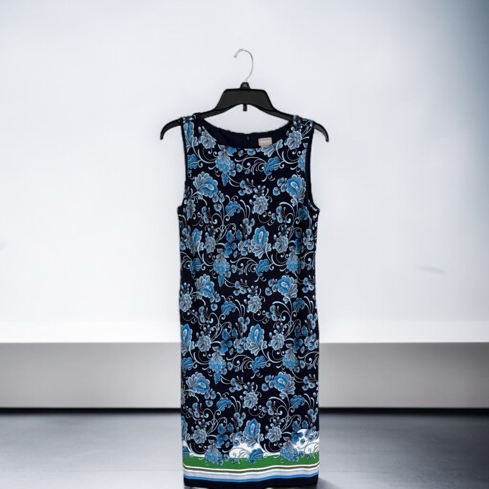 Chico’s Blue Floral Border Print Dress Women’s Size 1 (M/8) Ponte Shift - Picture 5 of 6